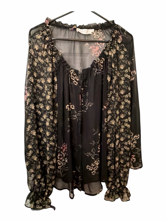 Astr Tops - ASTR Black Sheer Floral Ruffle Neck Blouse